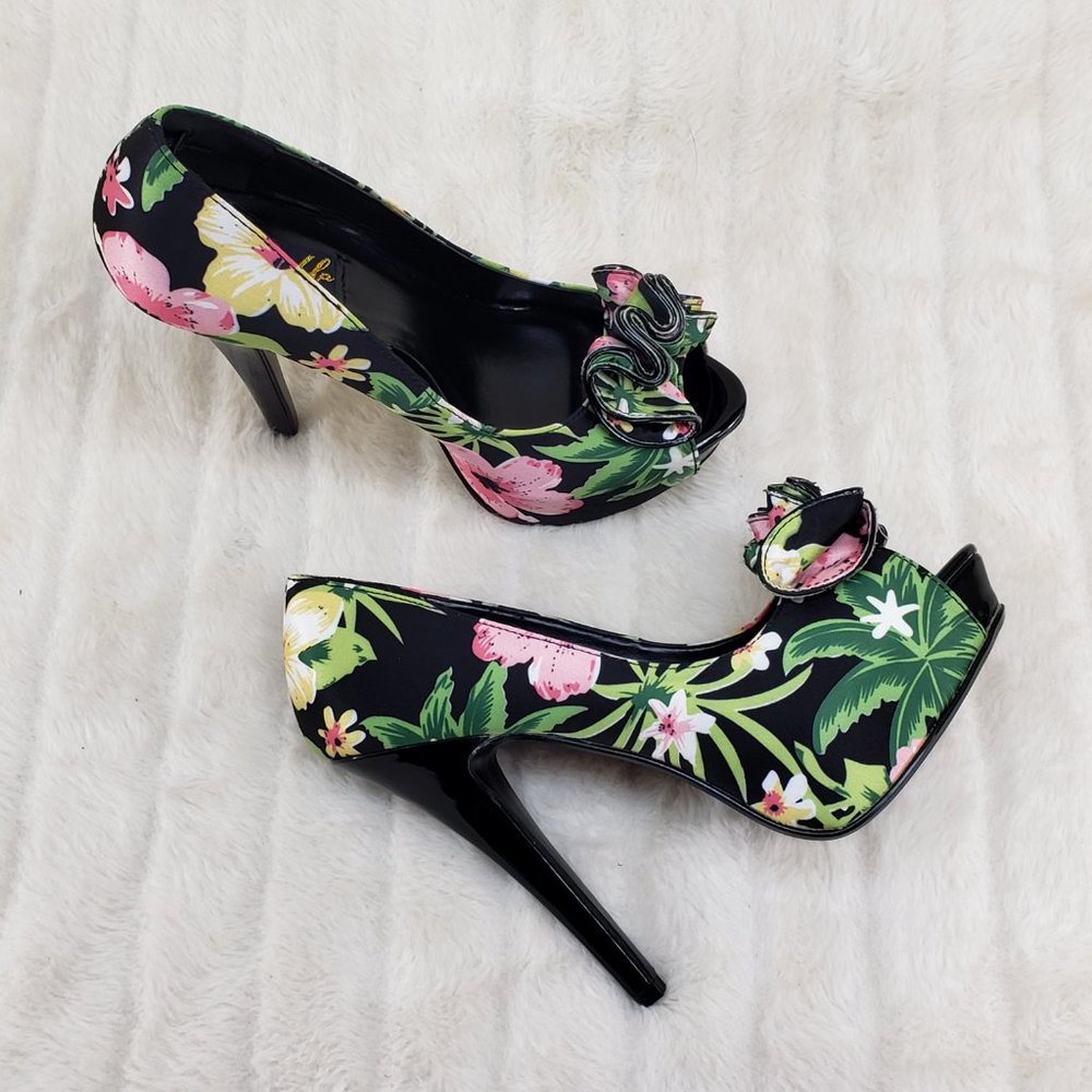 Tropical Floral Open Toe Ruffle Detail Platform Pumps Shoes - Picture 5 of 14
